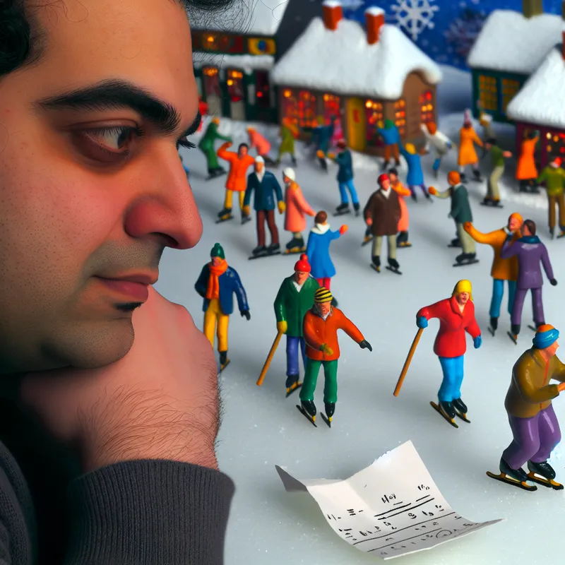 Levendige wintertafereel met schaatsers op een bevroren gracht, waarbij een persoon een klein briefje met een foutje over het hoofd ziet