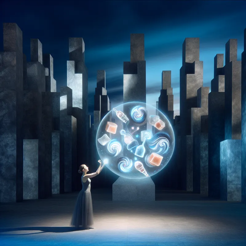 Persoon weert een gloeiende bol met symbolen van suiker en alcohol, staand in een surrealistisch stadslandschap bij schemering, als metafoor voor onthouding