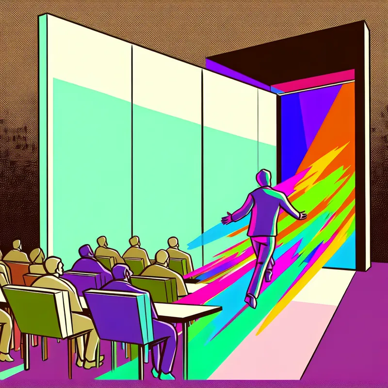 Illustratie van een persoon die ontsnapt uit een saaie vergaderruimte vol verveelde deelnemers, symboliserend het concept 'ontkomen' aan een vervelende situatie