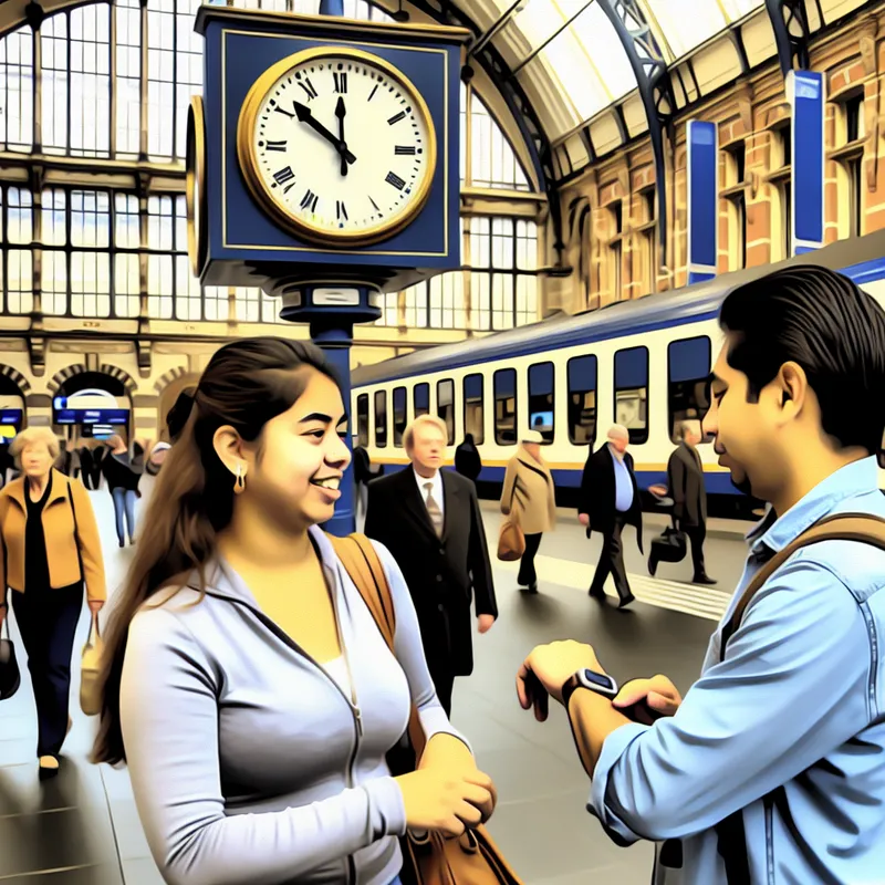 Twee mensen ontmoeten elkaar op een station om twaalf uur. De klok in het station toont twaalf uur precies, één persoon controleert zijn horloge, de ander nadert met een glimlach.