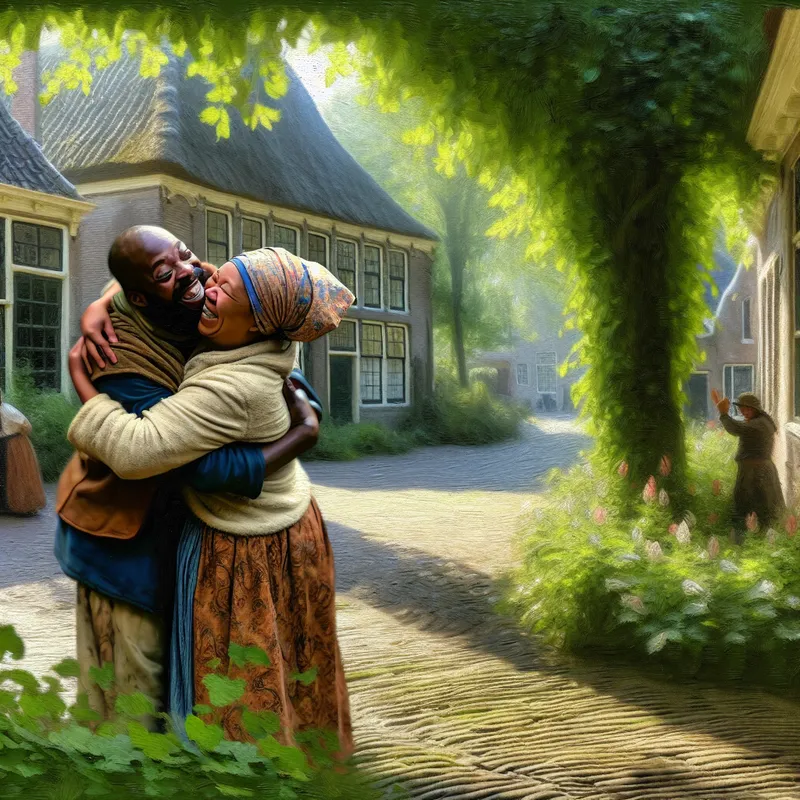 Een vreugdevolle reünie tussen twee oude vrienden op een schattige straat met kasseien, omringd door groene bomen.