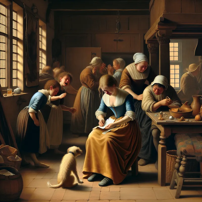 17e-eeuws Nederlands tafereel van een jonge vrouw die ontroostbaar een verdrietige brief leest, omringd door bezorgde familieleden in een warme huiskamer