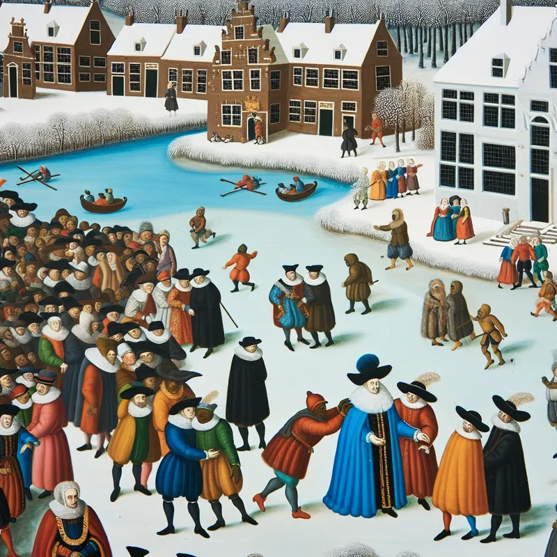 17e-eeuws Nederlands wintertafereel van Hendrick Avercamp met een menigte op een bevroren kanaal, waar een minister door ambtenaren wordt ontslagen onder toeziend oog van verbaasde omstanders
