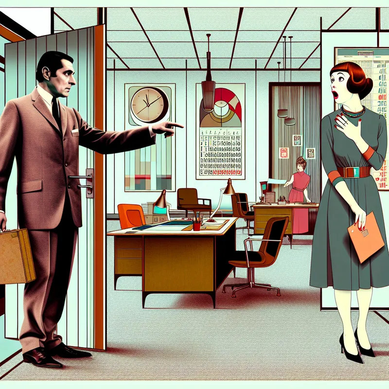 Illustratie van een directeur die een geschokte werknemer ontslaat in een retro-futuristisch kantoor uit de jaren 60, met vintage meubels en een gespannen sfeer