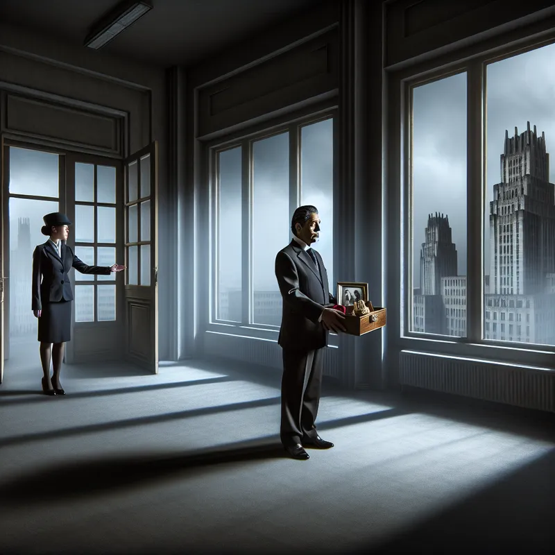 Middelbare man in pak met persoonlijke spullen in doos bij ontslag uit groot kantoor, emotioneel afscheid met bedankplaque voor 20 jaar dienst