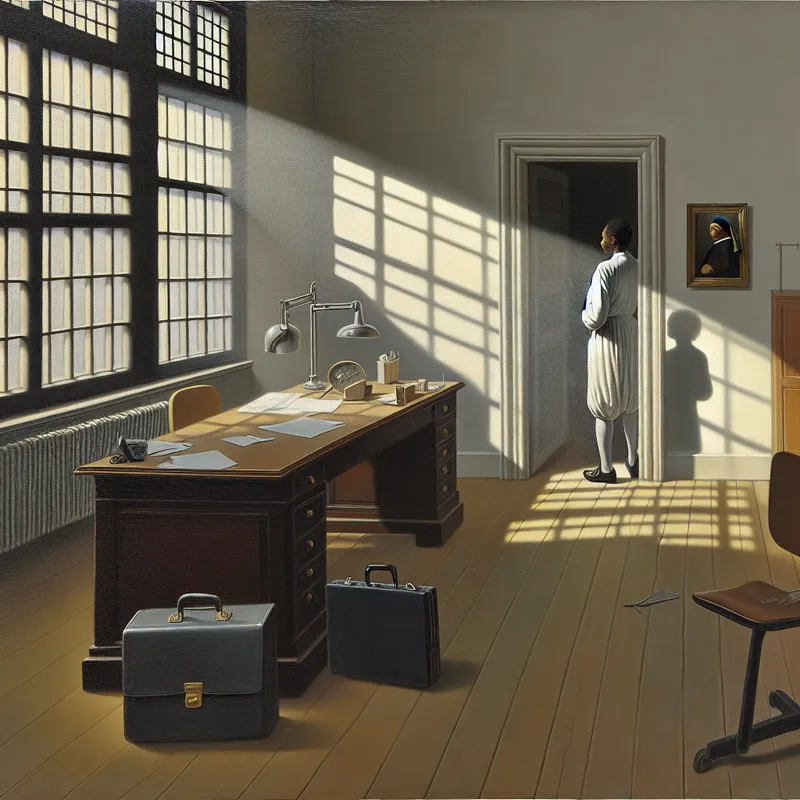 Een serene kantoorinterieur na de ontslag van een werknemer met een pensive figuur bij de deur.