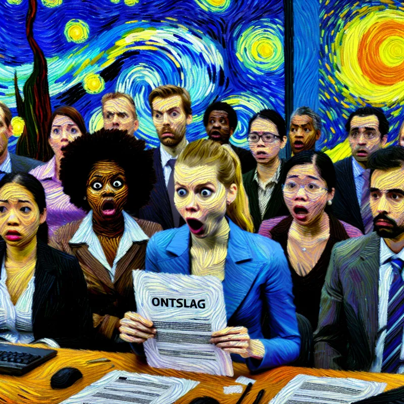 Kantoorscène in Van Gogh-stijl met geschokte werknemers rond een tafel, een ontslagbrief met 'ONTSLAG' zichtbaar