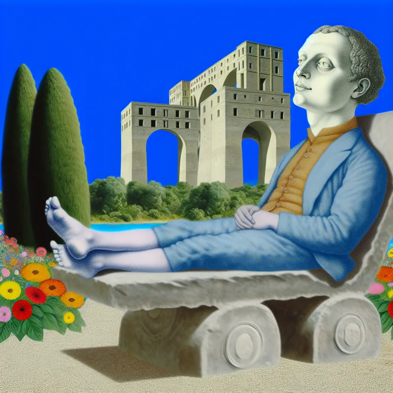Een kalme figuur zittend op een surrealistische stenen bank in een hyperrealistisch landschap met een monumentale structuur op de achtergrond. De figuur straalt ontspanning uit te midden van de majestueuze architectuur.