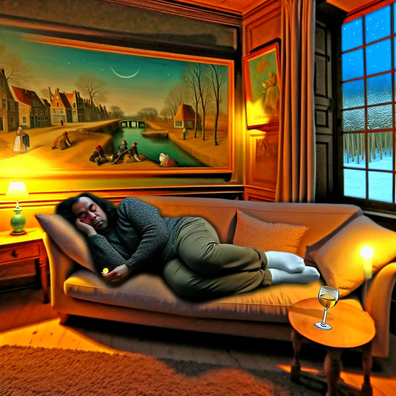 Een persoon slaapt vredig op een comfortabele bank in een warm verlichte woonkamer, met zachte kussens en een deken. Een glas wijn staat op een bijzettafel dichtbij.