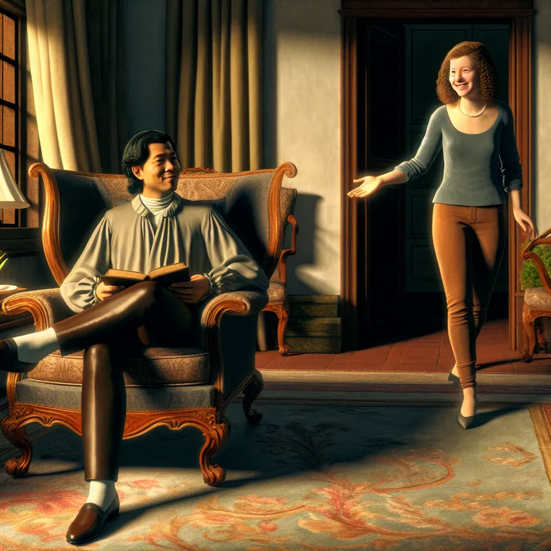 Een ontspannen interieur met een elegant geklede persoon in een luxe stoel die naar een casual geklede persoon kijkt die met een glimlach binnenkomt.