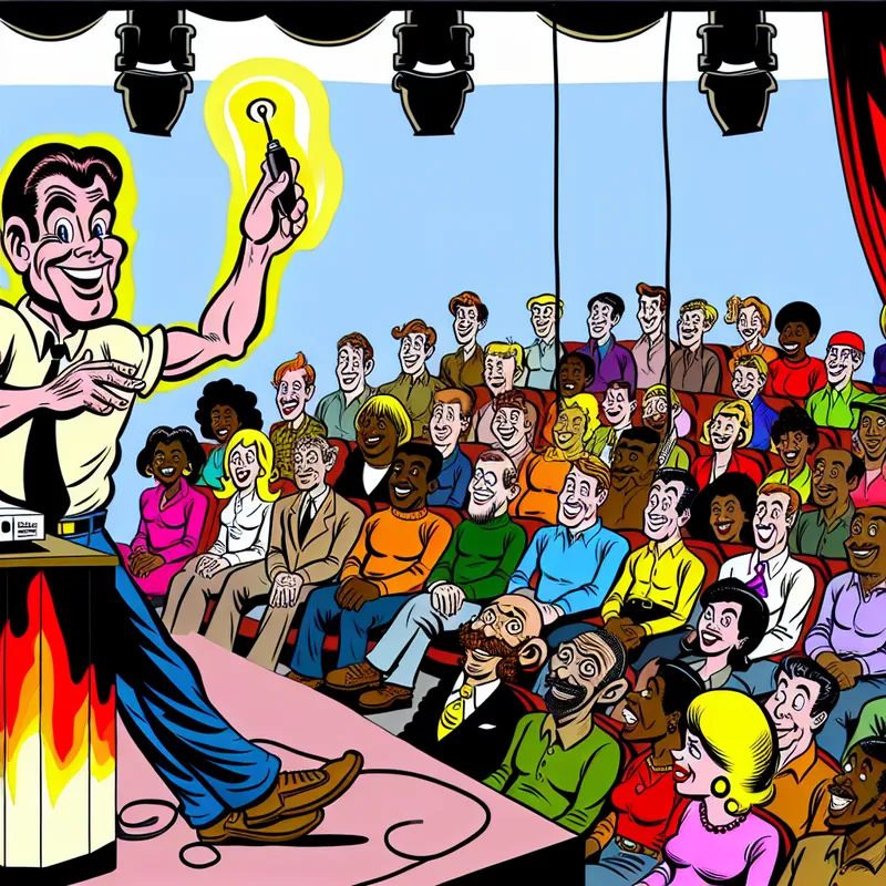 Een cartoonachtige afbeelding van een ontspannen man die op een podium een presentatie geeft aan een geboeid publiek.