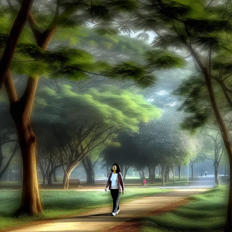 iemand loopt op een bospad met ochtendmist