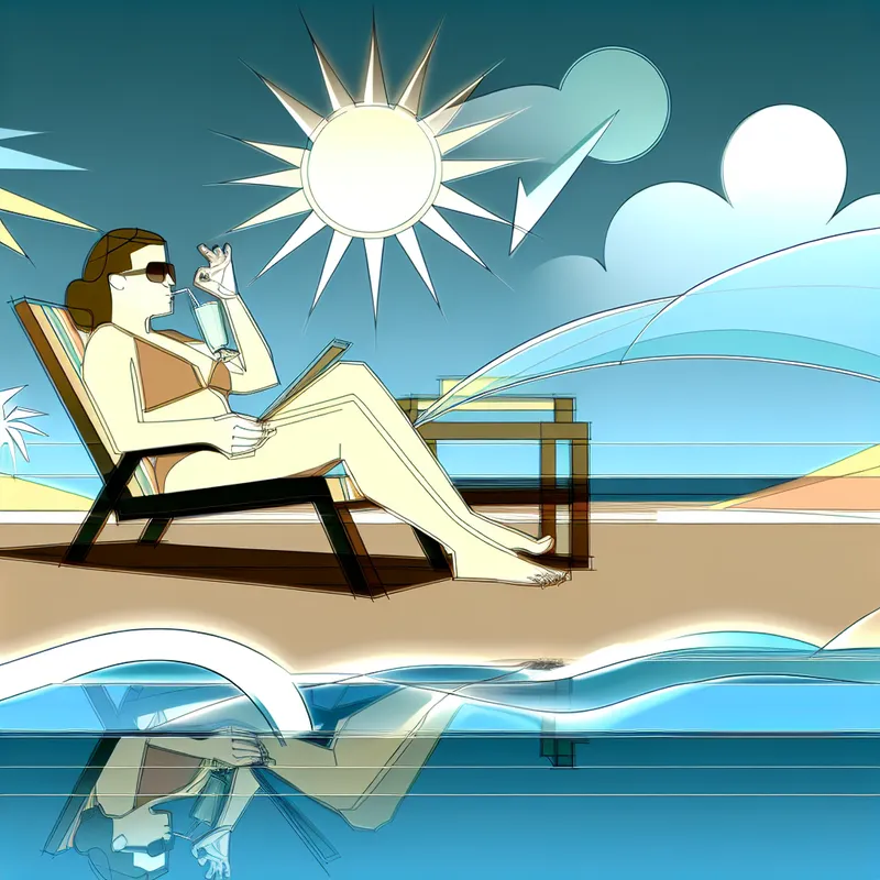 Een persoon die ontspannen in een strandstoel zit onder de zon, genietend van een verfrissend drankje met golven op de achtergrond.