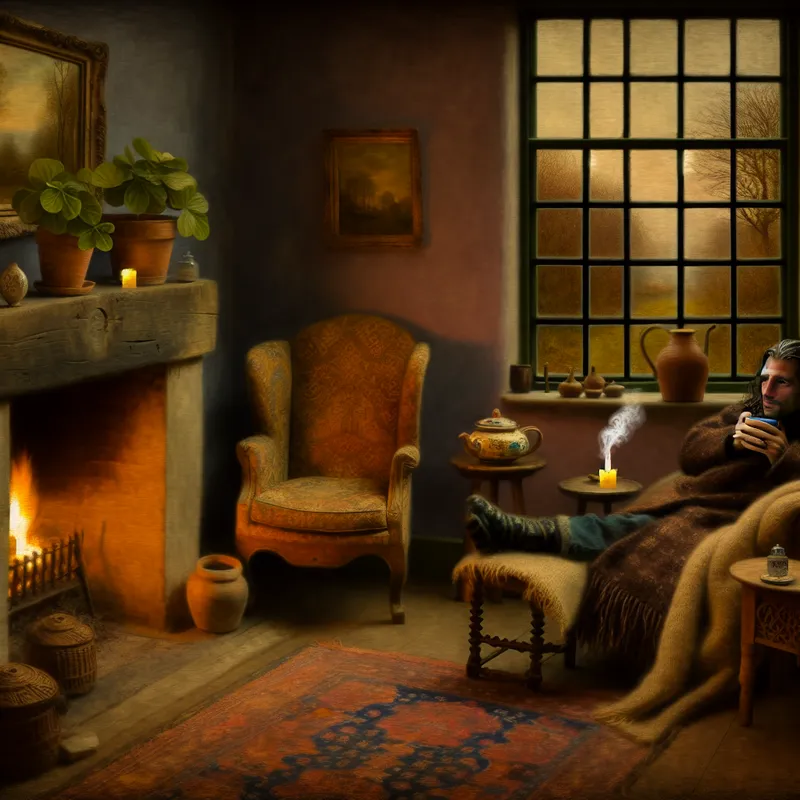 Een persoon ontspannen op een vintage sofa met een dekentje, naast een gezellige open haard met warme gloed