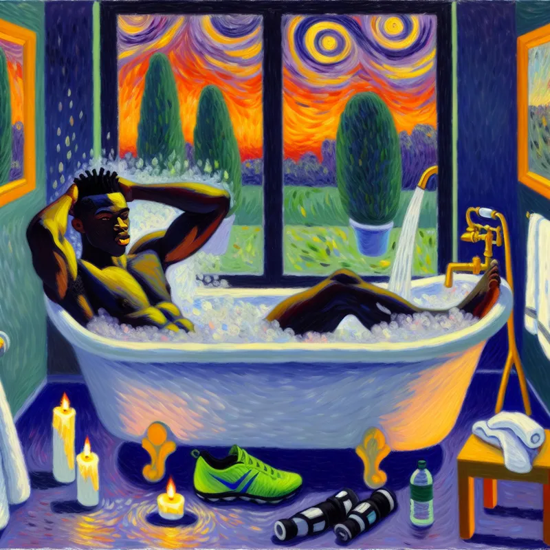 Jonge atleet geniet van een ontspannend bad vol bubbels na een intensieve workout