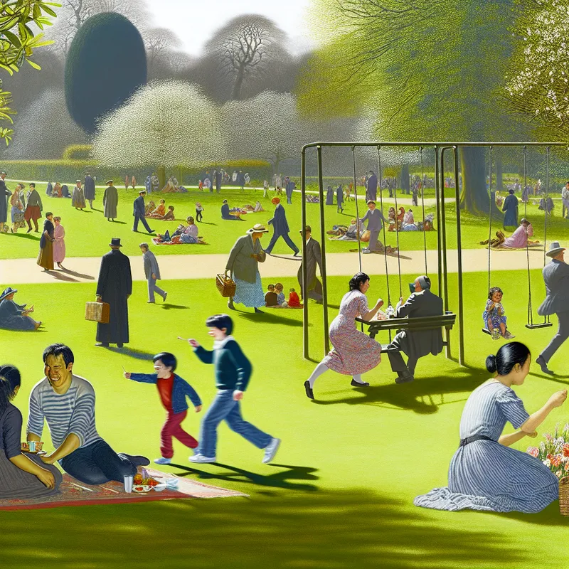 Een serene park scène met mensen die ontspannen op banken zitten en genieten van de zon op een ontspannen dag. Een gezin heeft een picknick op een groen gazon, omringd door bloeiende bloemen en zingende vogels.