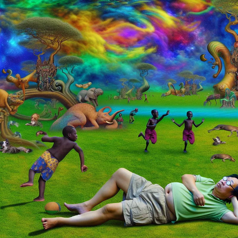 Een ontspannen persoon die dommelt op weelderig gras onder een surrealistische lucht, terwijl blije kinderen spelen.