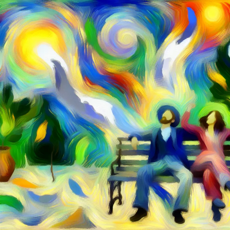 Twee ontspannen mensen zitten op een parkbank in een abstracte omgeving, omringd door levendige kleuren en vormen die zorgeloosheid uitstralen.