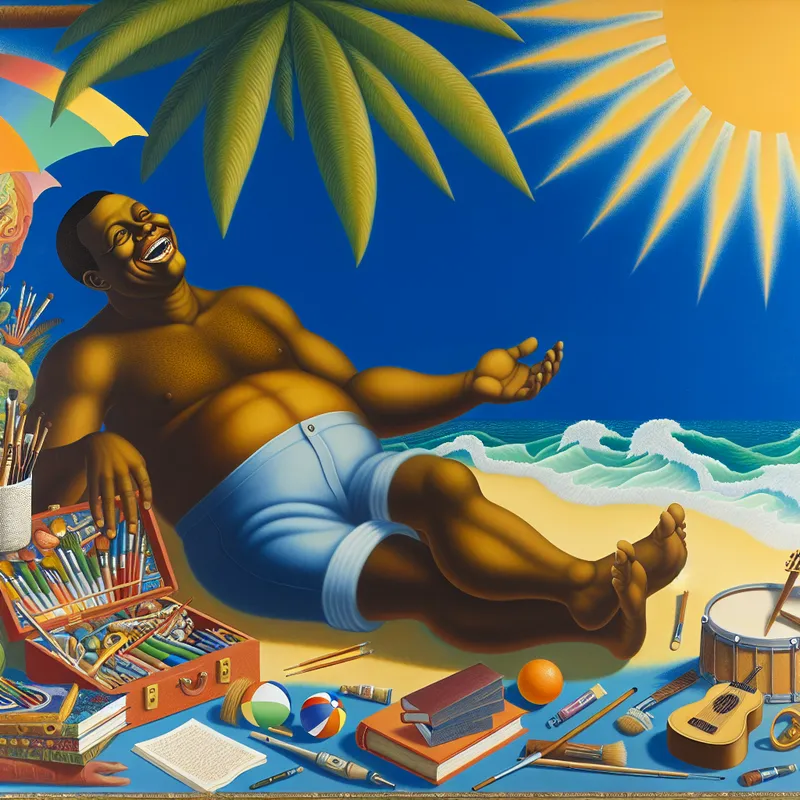 Een ontspannen man op het strand onder een palmtree, omringd door kunstbenodigdheden, boeken en muziekinstrumenten.