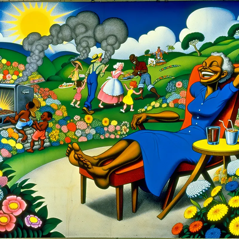 Een cartoon van een kleurrijke zomertuin met een persoon die ontspannen op een stoel zit met een boek, omringd door bloemen, een drankje op een tafel en een familie die een barbecue voorbereidt.