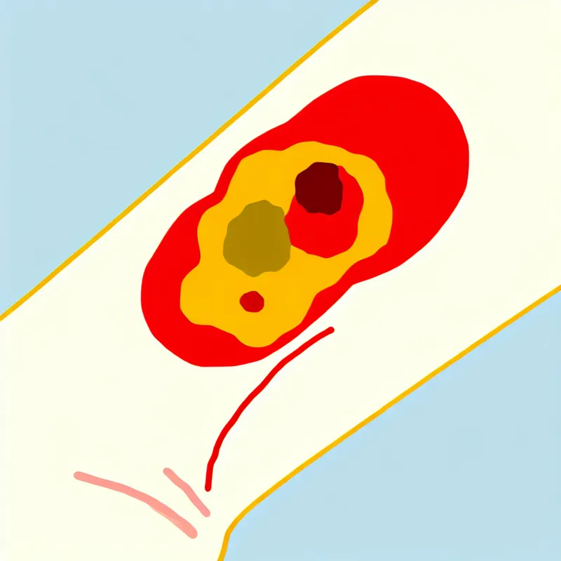 Minimalistische illustratie van een ontstoken wond met etter, geïnspireerd op Dick Bruna-stijl