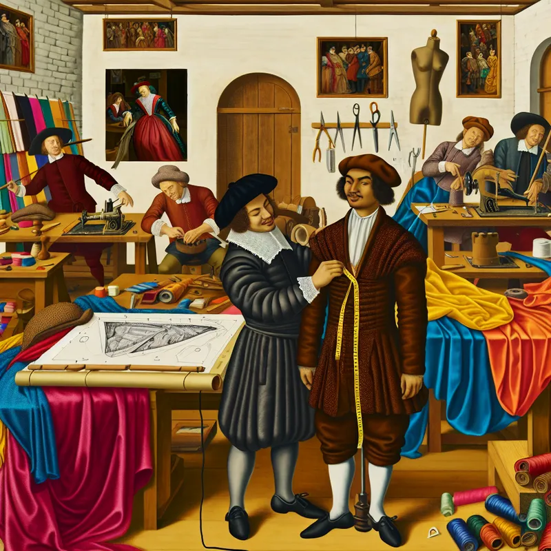 Een illustrator in een levendige studio met kleurrijke stoffen en kledingontwerpen, die zorgvuldig een kledingstuk aanpast op een mannequin.