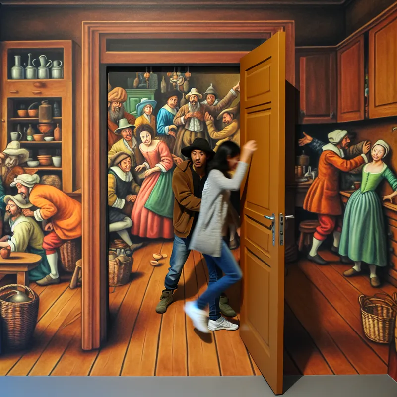 Een vrouw ontwijkt een confrontatie met een man in een levendige en rommelige kamer.