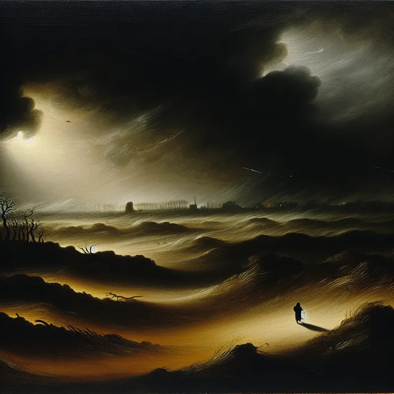 Dramatisch landschap in de stijl van Jacob van Ruisdael met een eenzame figuur in een onheilspellend, stormachtig landschap, symboliserend onveiligheid en diffuse angst