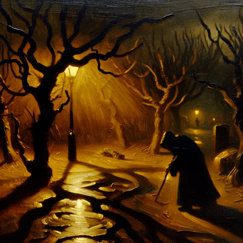 Een eenzame, in een mantel gehulde figuur loopt door een donker, verlaten park tijdens een stormachtige nacht, verlicht door een flikkerende straatlantaarn, wat een gevoel van onveiligheid oproept