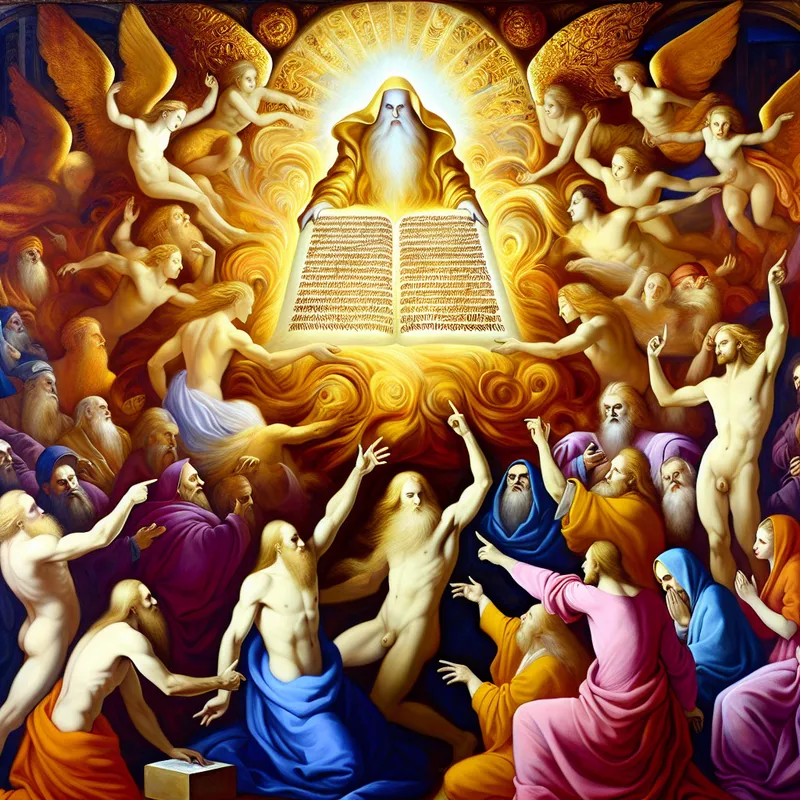 Barokke voorstelling van een goddelijke figuur met een onbreekbare stenen tafel met een onwrikbare regel, omringd door engelen en eerbiedige mensen