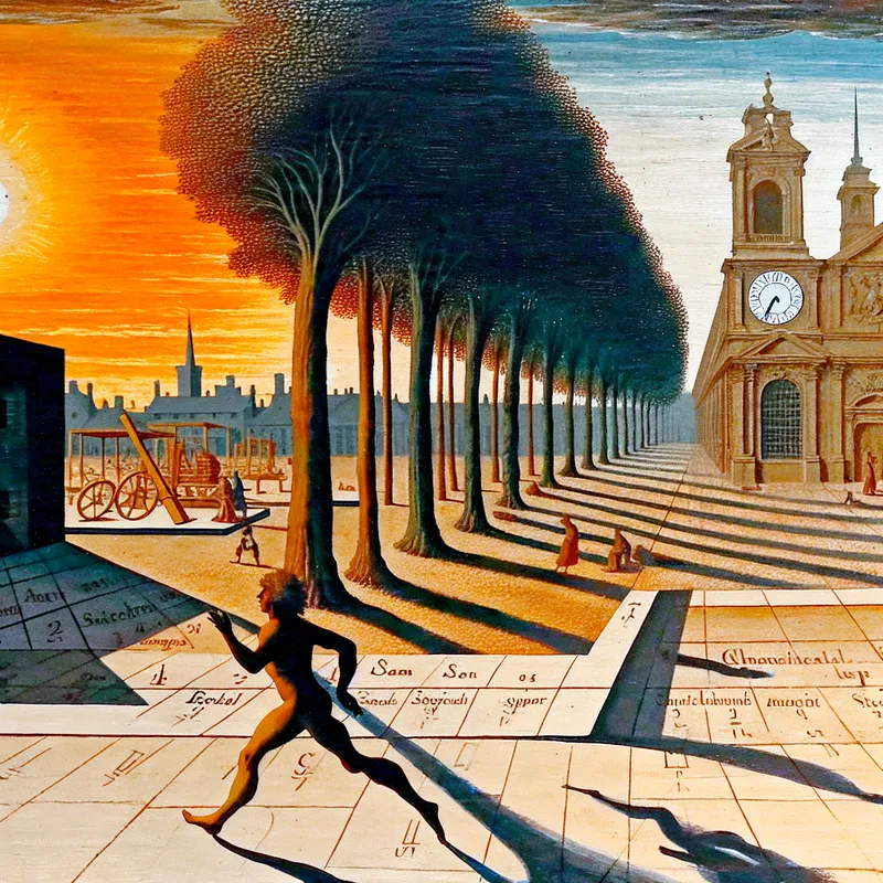 Schilderij in de stijl van Frans Hals van een persoon die elke week op hetzelfde tijdstip jogt langs een onveranderlijke route, met identieke bomen, een klokkentoren en een wekelijkse markt, ter illustratie van het begrip 'onveranderlijk'