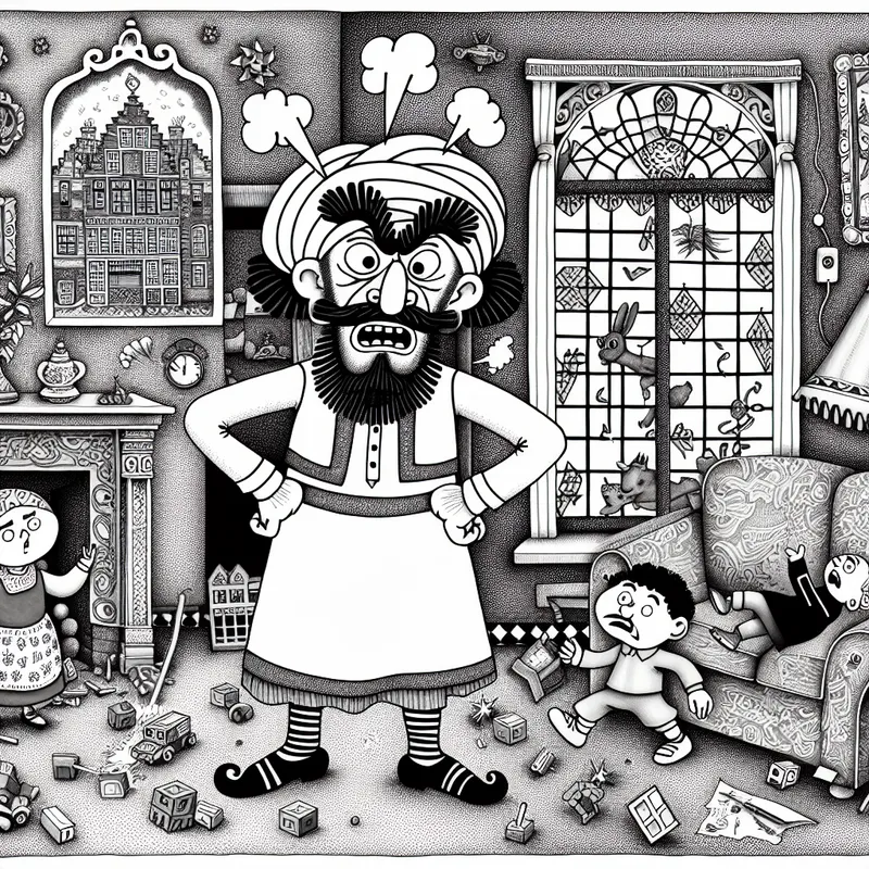 Cartoon van een gefrustreerde volwassene in een rommelige woonkamer, omringd door chaotische kinderen die springen, tekenen op de muur en blokkentorens omgooien, wat onverdraaglijk gedrag illustreert