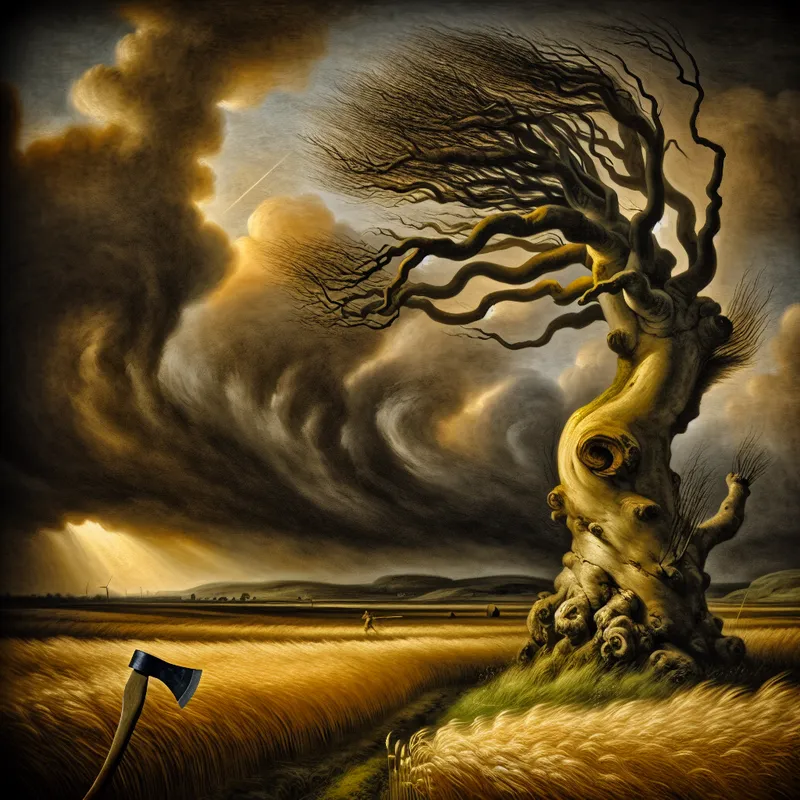 Oude, knoestige boom met een bijl tegen de stam in een stormachtig landschap, symbool voor onvermijdelijke gebeurtenissen