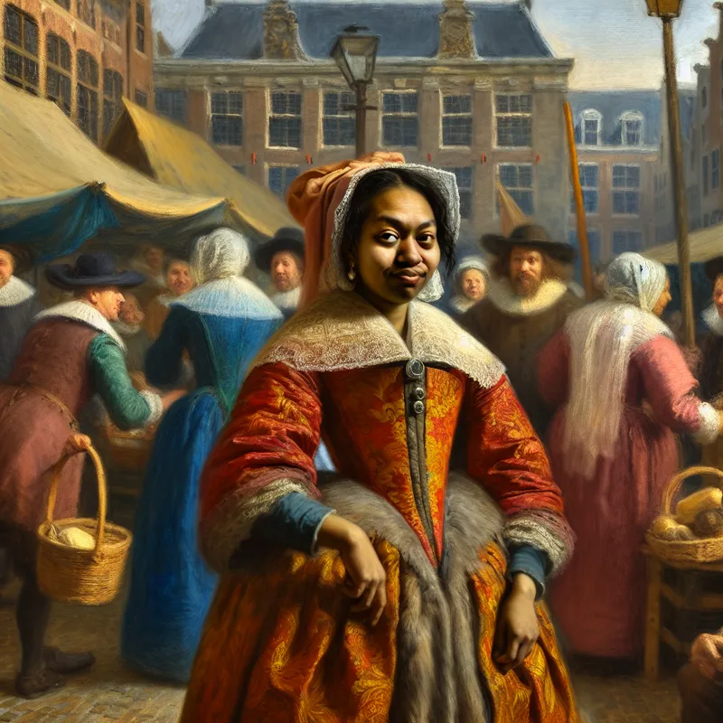 Zeventiende-eeuwse Nederlandse marktscène met een zelfverzekerde vrouw in weelderige historische kleding, die onverschillig staat tegenover roddelende dorpsbewoners, geïnspireerd op de stijl van Frans Hals