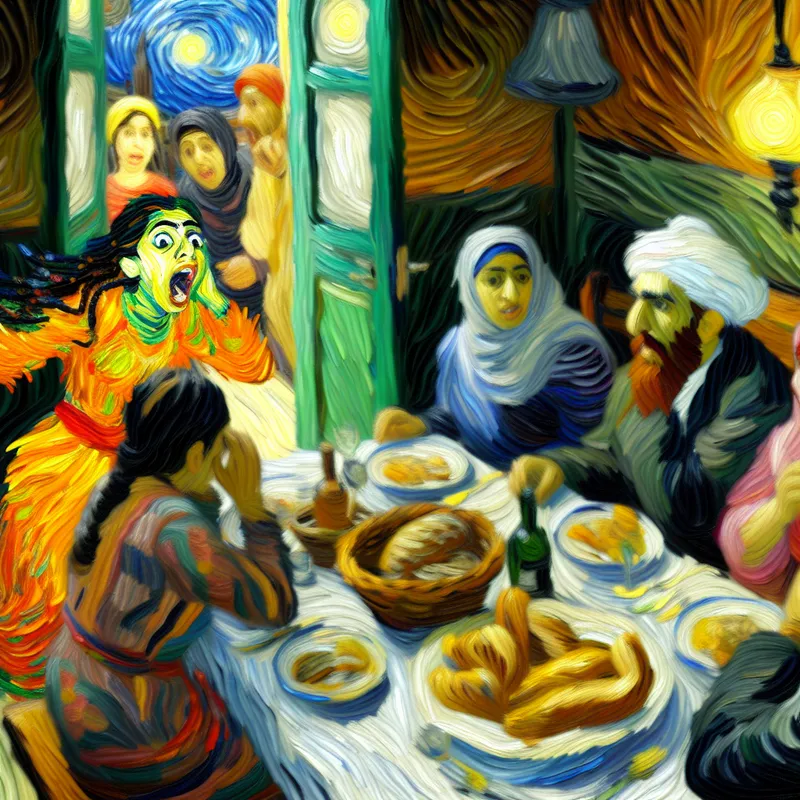 Familie aan tafel verrast door onverwacht bezoek in Van Gogh-stijl met warme kleuren en expressieve penseelstreken