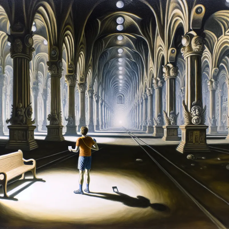 Persoon in lege treinstation met monumentale architectuur kijkt verrast naar openstaande deuren van vertrekkende trein, symboliserend onverwacht succes door toeval