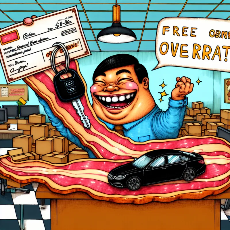 Cartoonachtige scène van een vrolijke persoon aan een bureau vol onverwachte bonussen, waaronder een reusachtige ham met een autosleutel en bonuscheque als spek bij de bonen