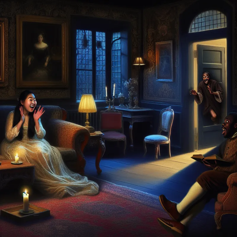 Een jonge vrouw staat verrast voor de deur van een sfeervolle, slecht verlichte woonkamer met vintage meubels.