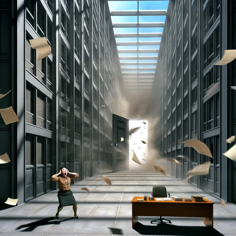 Surrealistisch kantoor met een onverwachte windvlaag die papieren doet opwaaien en een verraste medewerker, symboliserend voor een plotselinge gebeurtenis