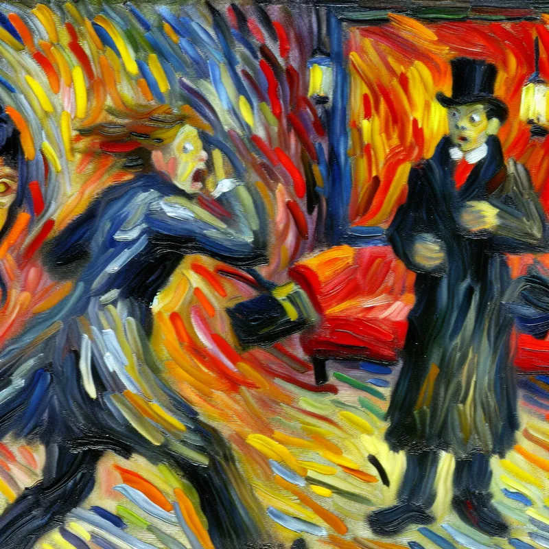 Abstract expressionistisch schilderij van een onverwachte ontmoeting met twee figuren in chaotische, levendige penseelstreken, emotie van verrassing en plotselinge interactie