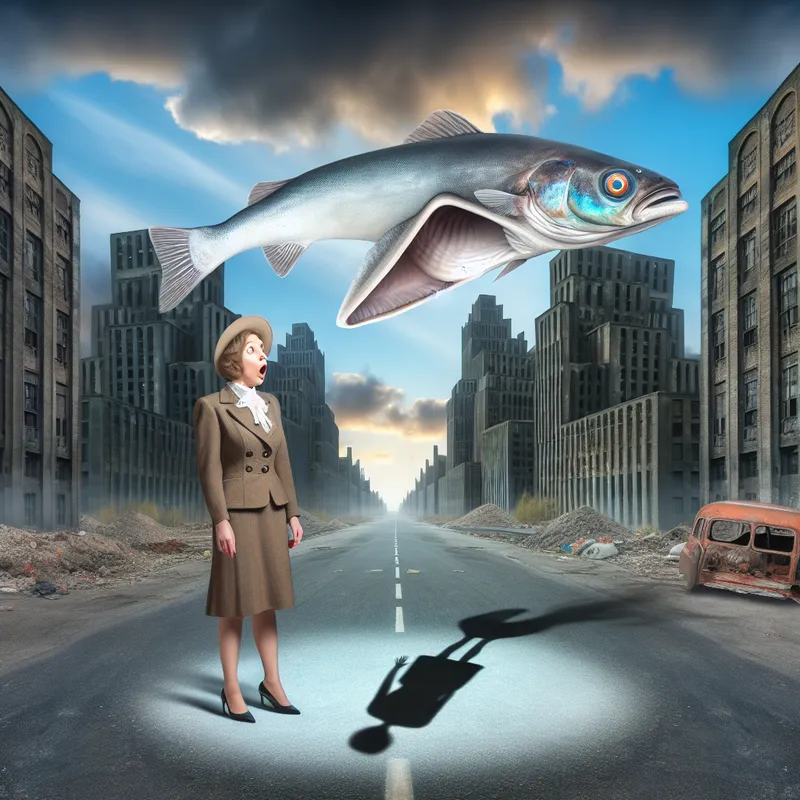 Een persoon in een vintage kostuum kijkt verrast naar een grote ethereal vis die door de lucht zwemt boven een verlaten straat.