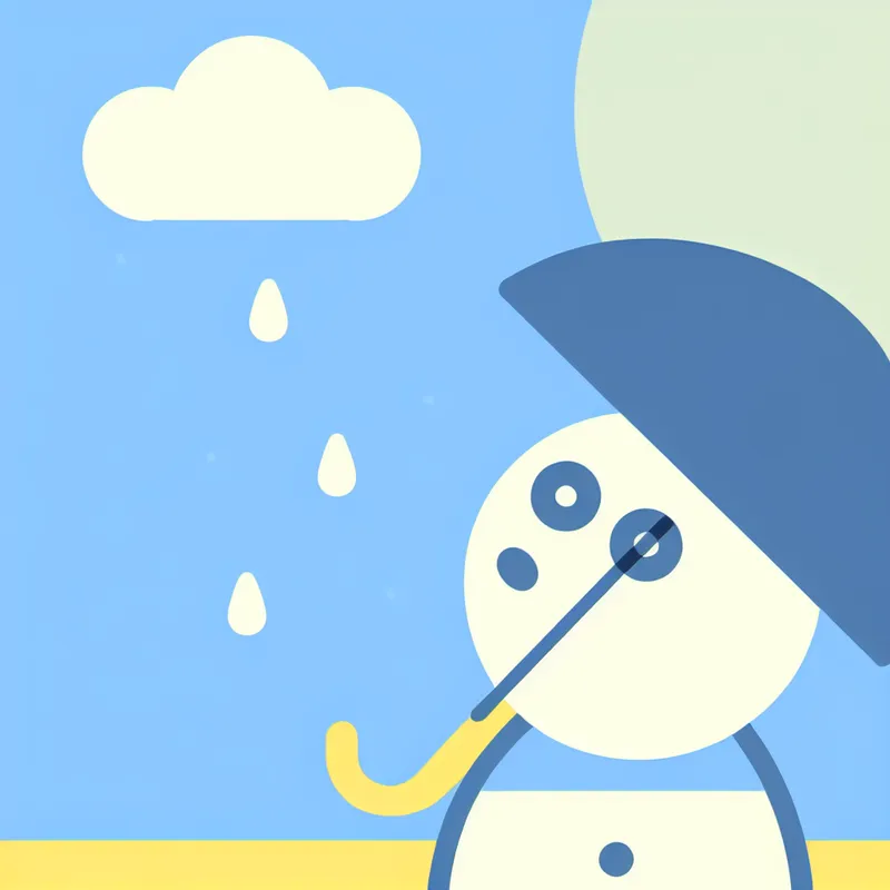 Minimalistische illustratie van een verrast personage met gesloten paraplu onder een kleine regenwolk tegen een zonnige lucht, in stijl van Dick Bruna