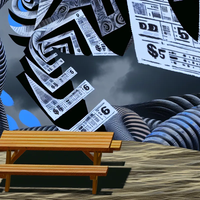 Surrealistische illustratie van een picknicktafel die transformeert in een reusachtige, onheilspellende factuur, met onmogelijke geometrische patronen en donkere wolken in de stijl van M.C. Escher