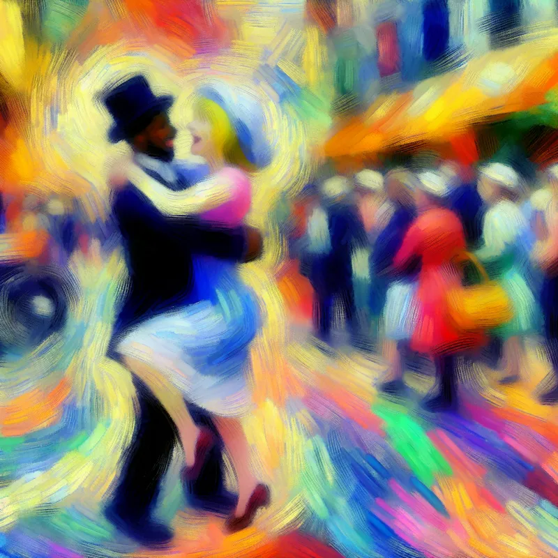 Twee lachende figuren omhelzen elkaar spontaan in een kleurrijke, abstracte omgeving, symboliserend een onverwachte vrolijke ervaring