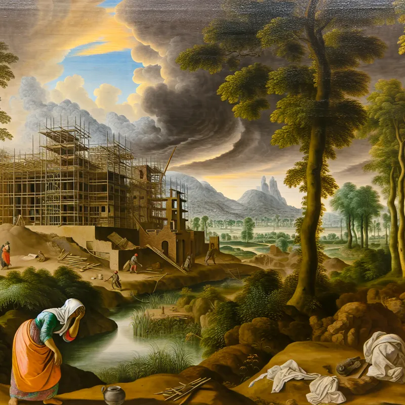 Dramatisch landschap met een onvoltooid bouwproject en een moe uitziende arbeider in de ochtend.