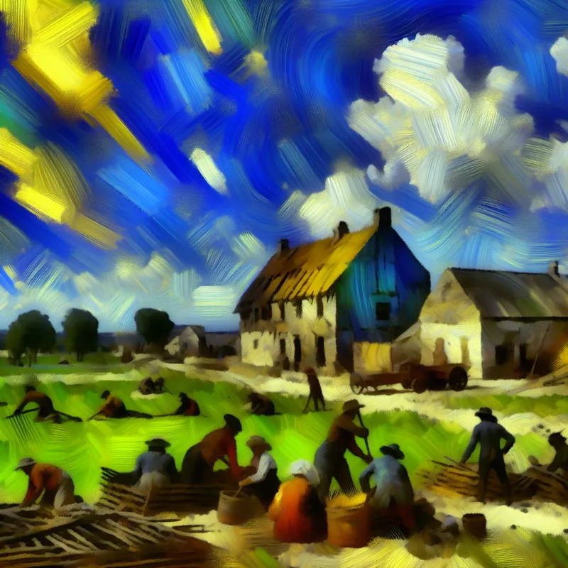 Pittoresk landschap met een onvoltooid dorp onder een heldere lucht, waar dorpelingen werken aan halfafgebouwde huizen.