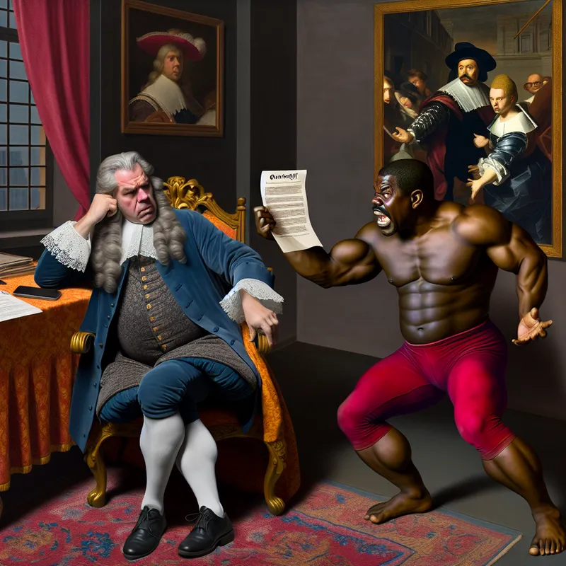 Een zakelijke man in een barok kantoor kijkt bezorgd naar een groot contract, terwijl een sterke werknemer gefrustreerd naar het contract wijst.