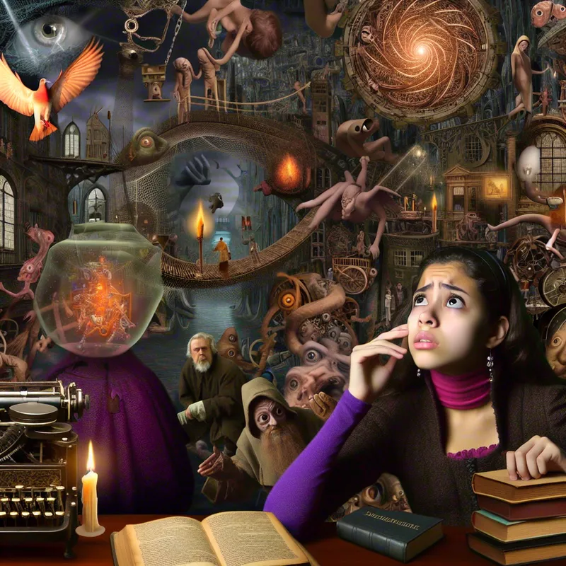 Surrealistisch tafereel van een jonge vrouw in een middeleeuwse studeerkamer die met ongeloof kijkt naar een gebroken spiegel die een dystopische wereld zonder technologie toont, omringd door bizarre wezens en symbolische details in de stijl van Jheronimus Bosch