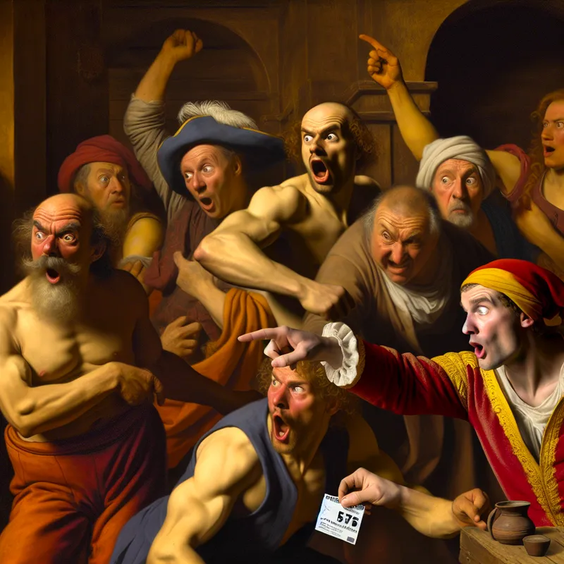 Barokke scène met dramatische reacties van ongeloof in een levendige taverne, waarbij iemand verbaasd wijst naar een persoon met een loterijbriefje of medaille