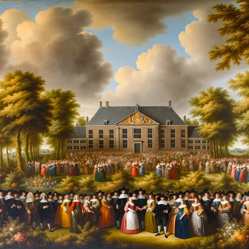 17e-eeuws Nederlands landschap met een statig schoolgebouw waar studenten en leraren in historische kleding feestelijk samenkomen, symboliserend voor gemeenschap en trots